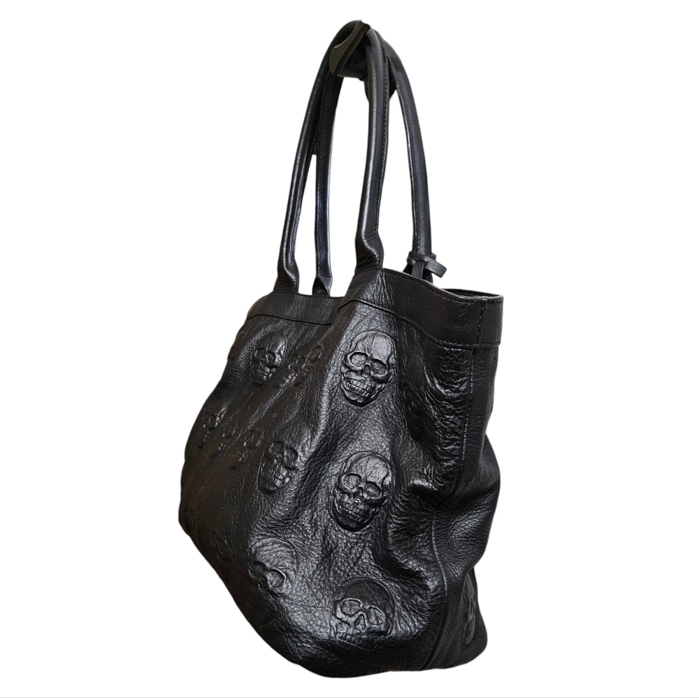 Black 100% Leather Skull Embossed Tote Made In Italy - Picture 4 of 16